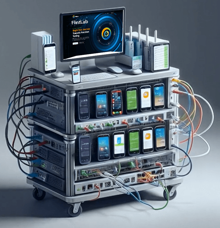 A FlintLab device rack wired with physical phones and tablets